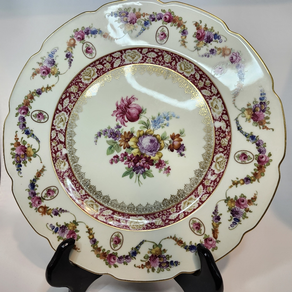 Antique Dresden Dinner Plate Dresden Bavaria Schumann Crown Wildflowers red